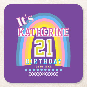 Rainbow 21st Birthday Purple Square Paper Coaster