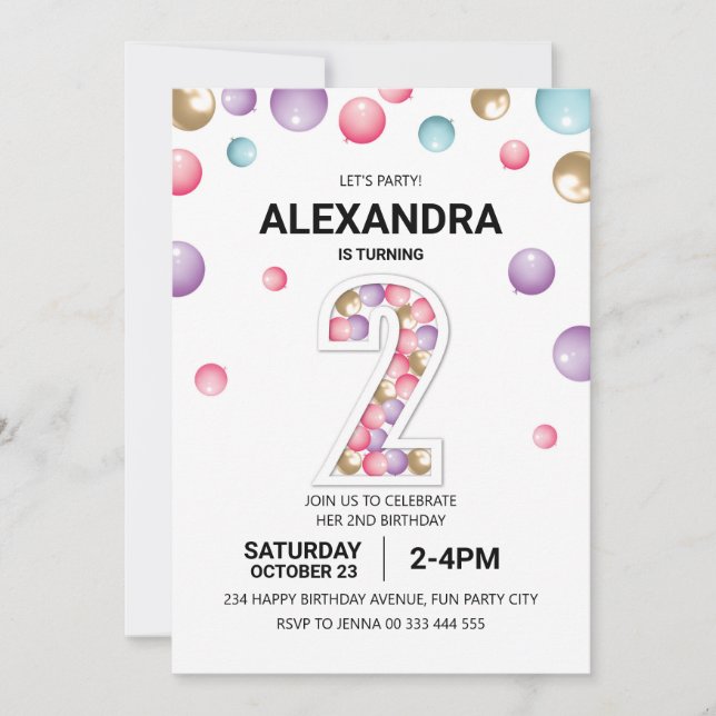 Rainbow 2nd Birthday Party, Pink Balloon Girl Invitation (Front)