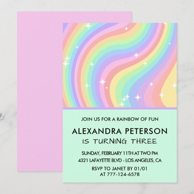 Rainbow 3e anniversaire invitations Pastel (Devant / Derrière)