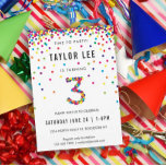 Rainbow 3rd Birthday Party, Third Birthday Invitation<br><div class="desc">Rainbow 3rd birthday / third birthday party invitations! Featuring your 3 year old boy or girl's party details and a "3" in confetti,  with fun rainbow coloured confetti circles sprinkling from the top of these cute invites</div>