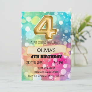 Rainbow 4 Year Old 4th Birthday Party Girls Four Invitation