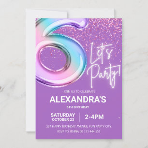 Rainbow 6th Birthday Party Girl Foil Balloon Neon Invitation