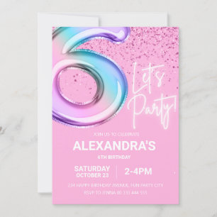 Rainbow 6th Birthday Party Girl Foil Balloon Neon Invitation