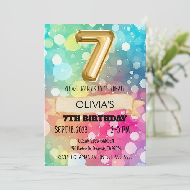 Rainbow 7 Year Old 7th Birthday Party Girls Seven Invitation (Standing Front)