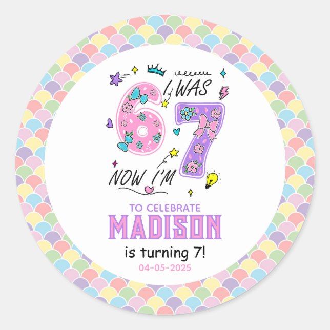 Rainbow 7th Birthday | I Was 6, Now 7 | Kids Classic Round Sticker (Front)