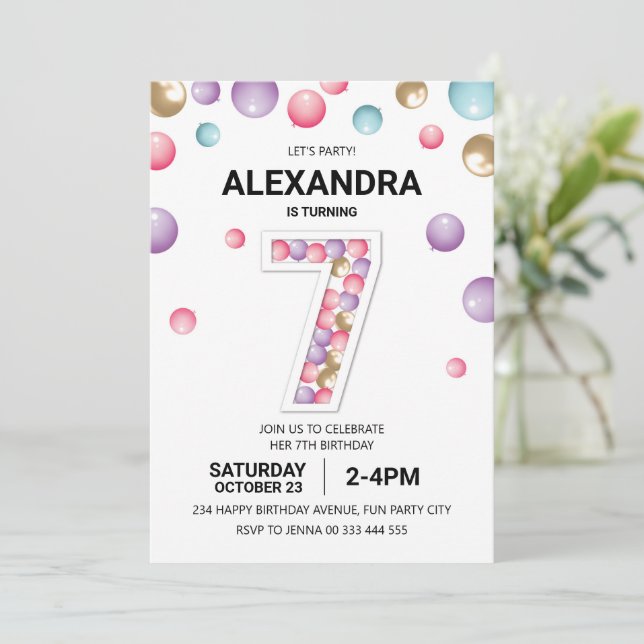 Rainbow 7th Birthday Party, Pink Balloon Girl Invitation (Standing Front)