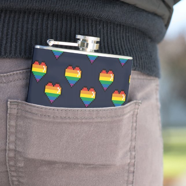 Rainbow 8 Bit Heart Pattern Hip Flask (In Situ)