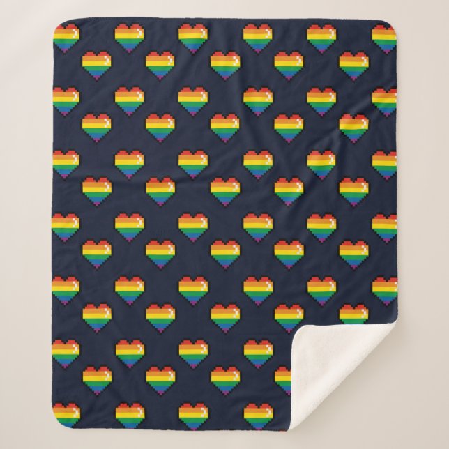 Rainbow 8 Bit Heart Pattern Sherpa Blanket (Front)