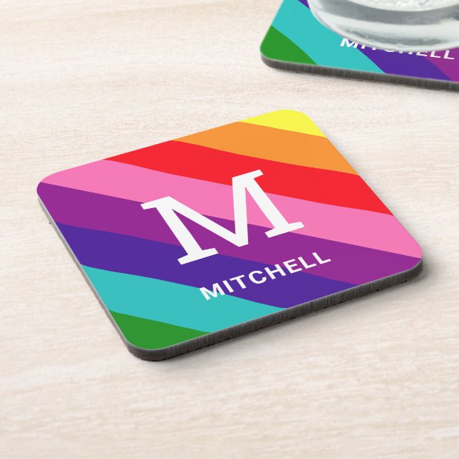 Rainbow 8 Stripe Gay Pride Custom Monogram Initial Coaster (Left Side)