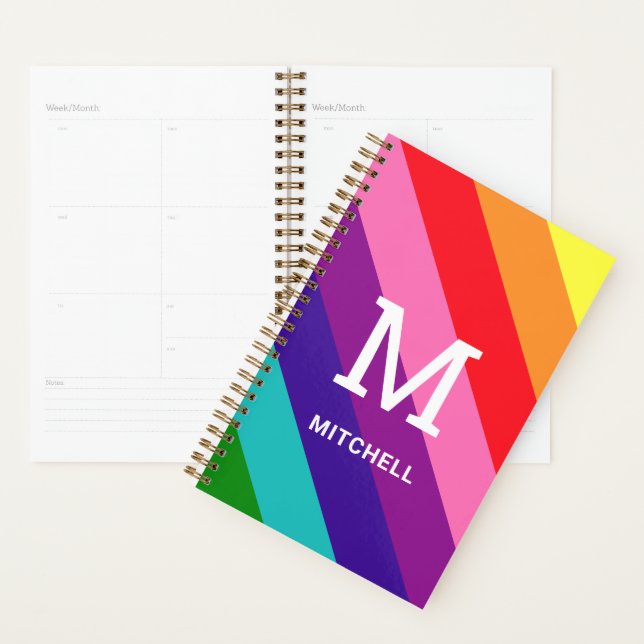 Rainbow 8 Stripe Gay Pride Custom Monogram Initial Planner (Display)