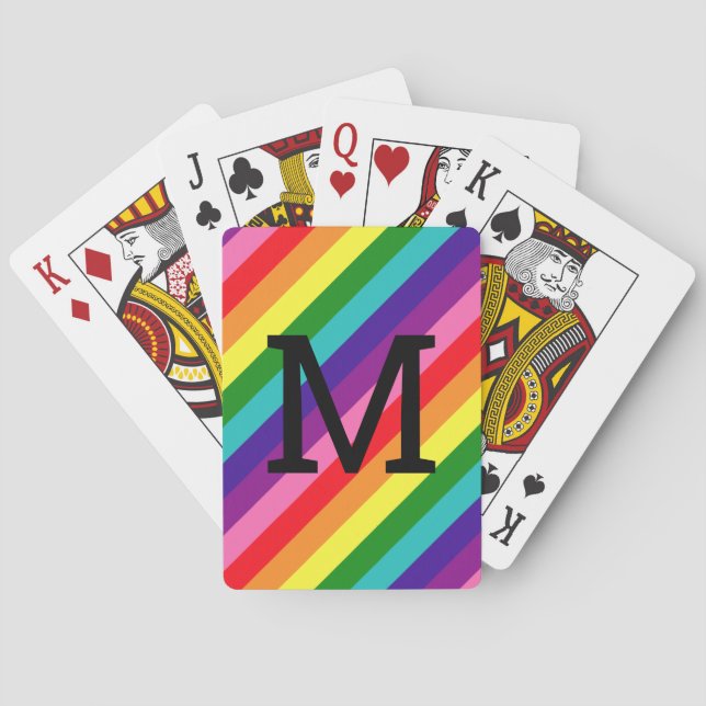 Rainbow 8 Stripe Gay Pride Custom Monogram Initial Playing Cards (Back)