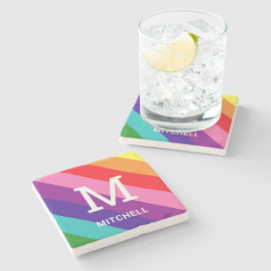 Rainbow 8 Stripe Gay Pride Custom Monogram Initial Stone Coaster
