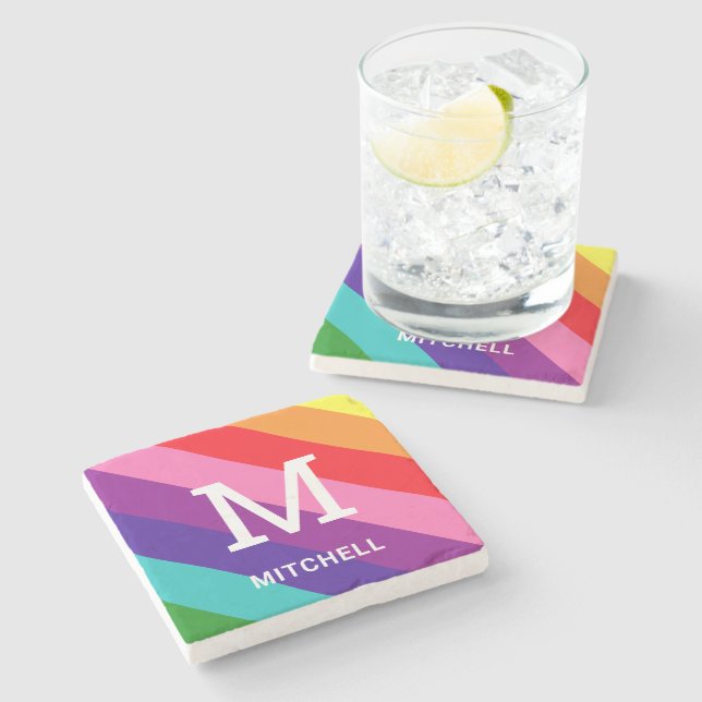 Rainbow 8 Stripe Gay Pride Custom Monogram Initial Stone Coaster (Side)