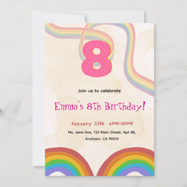 Rainbow 8th Birthday Party, Pink Girl Invitation (Front)