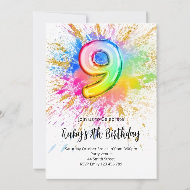 Rainbow 9th Birthday Invitation (Devant)