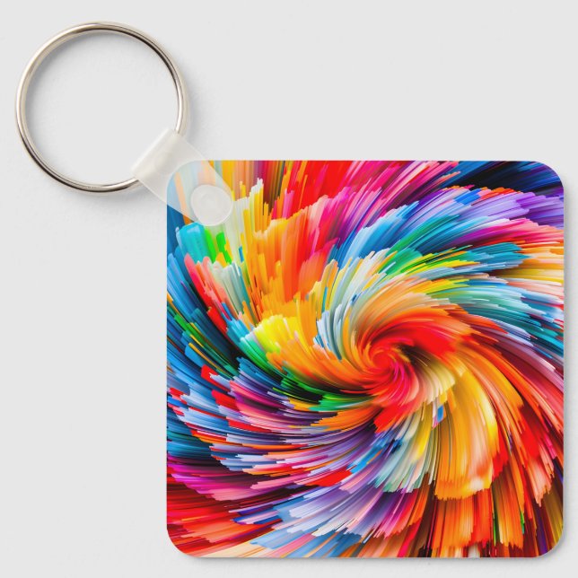 Rainbow Abstract Vibrant Swirl Modern Keychain (Front)