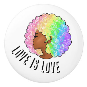 rainbow afro LGBTQ love is love pride black girl  Ceramic Knob