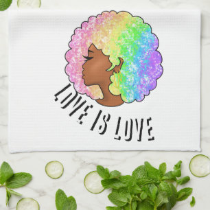 rainbow afro LGBTQ love is love pride black girl Kitchen Towel