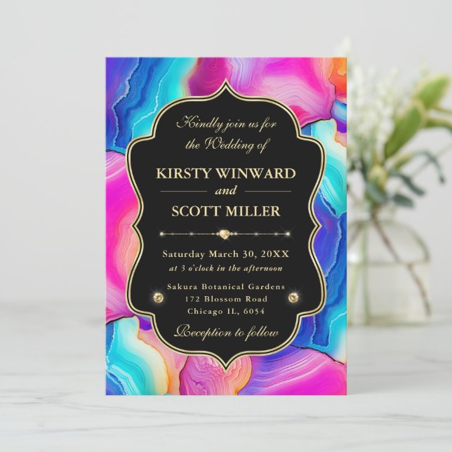 Rainbow Agate Geode with Black Frame Wedding Invitation (Standing Front)