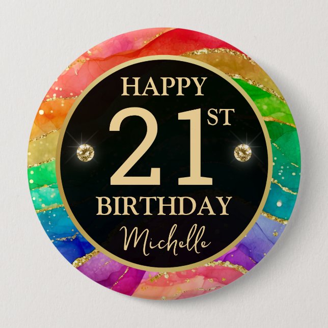 Rainbow Agate Gold Glitter Birthday Badge 4 Inch Round Button (Front)