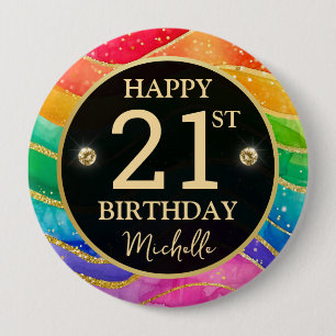 Rainbow Agate Gold Glitter Birthday Badge 4 Inch Round Button