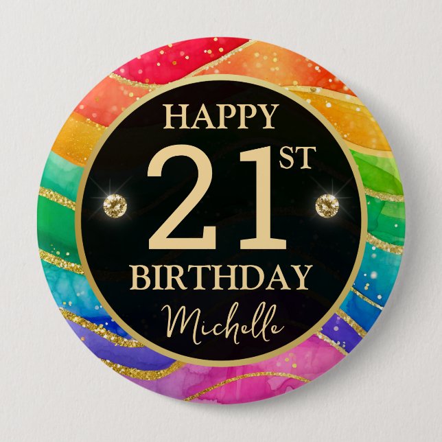 Rainbow Agate Gold Glitter Birthday Badge 4 Inch Round Button (Front)