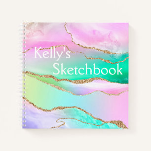 Rainbow Agate Gold Glitter Monogram Sketchbook Not Notebook