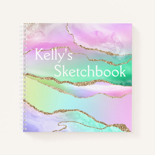 Rainbow Agate Gold Glitter Monogram Sketchbook Notebook (Front)