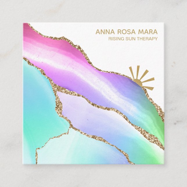 *~* Rainbow Agate Gold Glitter Veins Pastel White Square Business Card (Front)