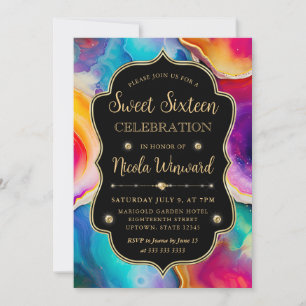 Rainbow Agate Swirl Elegant Black Sweet 16 Invitation
