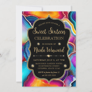 Rainbow Agate Swirl Elegant Black Sweet 16 Invitation