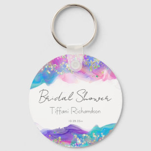 Rainbow Alcohol Ink Bridal Shower Faux Gold Keychain