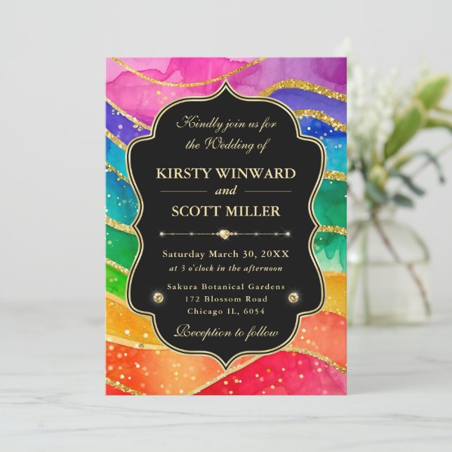 Rainbow Alcohol Ink Gold Glitter Wedding Invitation (Standing Front)