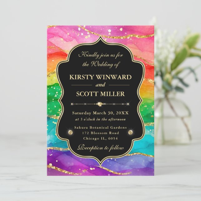 Rainbow Alcohol Ink Gold Glitter Wedding Invitation (Standing Front)