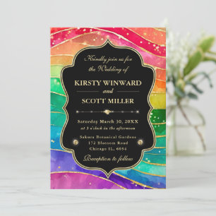 Rainbow Alcohol Ink Gold Glitter Wedding Invitation