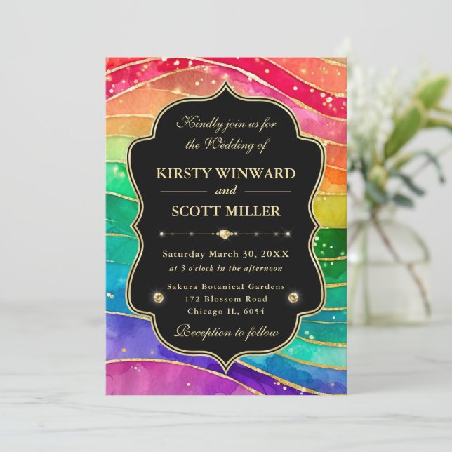 Rainbow Alcohol Ink Gold Glitter Wedding Invitation (Standing Front)