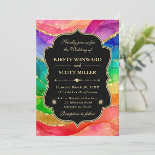 Rainbow Alcohol Ink Gold Glitter Wedding Invitation