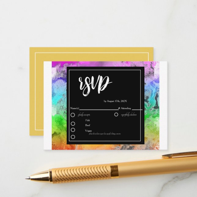 Rainbow Alcohol Ink RSVP Card Enclosure Card (Front/Back In Situ)