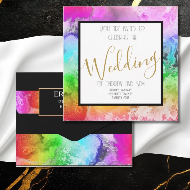 Rainbow Alcohol Ink Watercolor & Gold Font Invitation (Creator Uploaded)