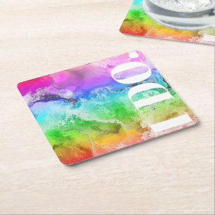 Rainbow Alcohol Ink Watercolor Square Paper Coaster