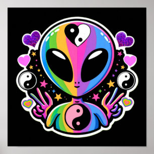 Rainbow Alien Yin Yang Sticker   Trippy Peace Sign