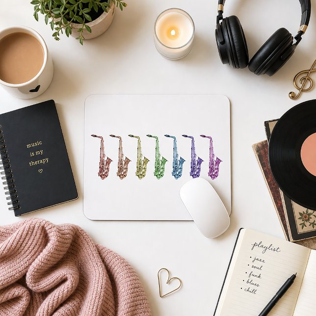 Rainbow Alto Saxophone Jazz Instrument Mouse Pad (A mousepad with a fun lineup of rainbow alto saxophones.)