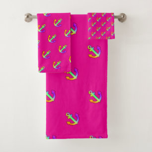 Rainbow Anchor Repeat Hot Pink Kids Bath Towel Set