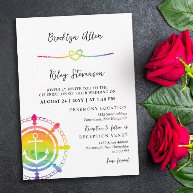 Rainbow Anchor Rope Heart Nautical LGBT Wedding Invitation (Creator Uploaded)