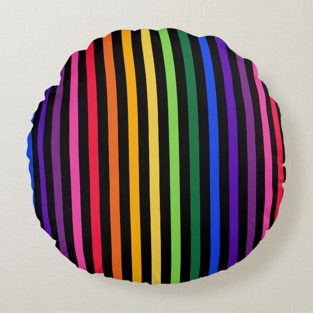 Rainbow and black stripes round pillow (Front)
