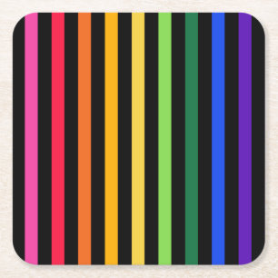 Rainbow and black stripes square paper coaster