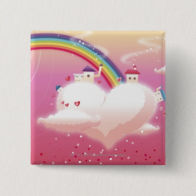 Rainbow and buildings on clouds 2 inch square button (Front)