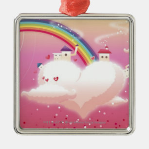 Rainbow and buildings on clouds metal ornament