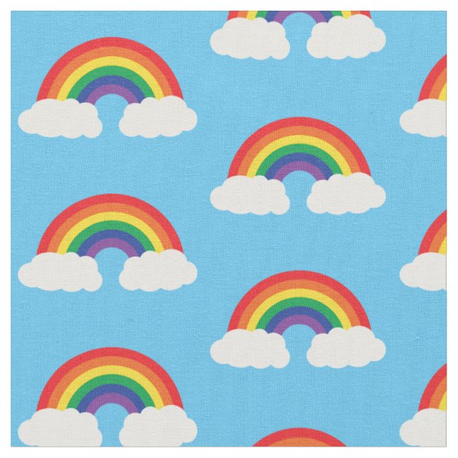 Rainbow and Cloud on Blue Cute Kids Fabric (Close Up)