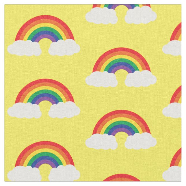 Rainbow and Cloud on Yellow Cute Kids Fabric (Close Up)
